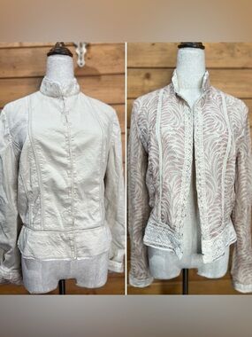 Anthropologie Style Linen Silk Blend Lace Mandarin Collar Fitted Jacket Blazer M